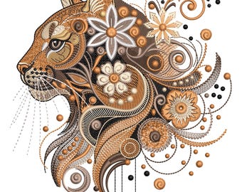 Pode incluir: Design bordado de um perfil de puma, com detalhes intrincados em tons de castanho, bege e preto. O design incorpora padrões florais e em espiral, criando uma representação decorativa e artística do animal.