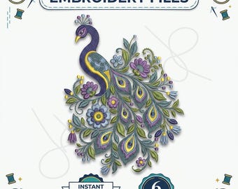 Botanical Peacock Embroidery Design, Peacock Machine Embroidery File, Floral Peacock PES DST, Bird Embroidery, Floral Art