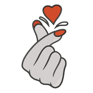 May include: Embroidered design of a hand making a heart shape with the fingers. The nails are painted orange, and a red heart is above the hand. The design is outlined in black and has a textured appearance.