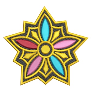 Può includere: Design floreale ricamato a forma di stella. Il design presenta un contorno dorato con uno sfondo nero. I petali del fiore sono rosa, blu e rossi. Il centro del fiore è giallo.