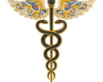 Diseño de bordado de caduceo, símbolo médico PES JEF DST, patrón de bordado de atención médica, archivo de bordado a máquina de logotipo médico