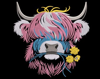 Highland Cow with Flowers Embroidery Design (Instant Download)