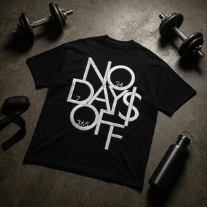 Puede incluir: Camiseta negra con las palabras "NO DAYS OFF" en blanco, junto con los números 7, 24 y 365. La camiseta está rodeada de pesas, una botella de agua y correas de levantamiento.