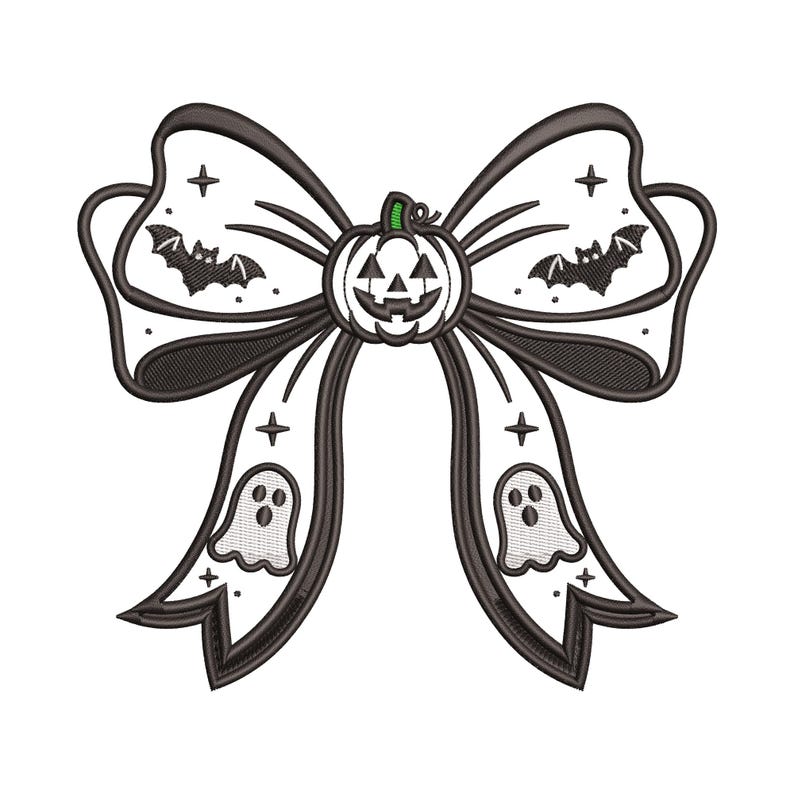 May include: A black and white embroidered bow featuring a central jack-o'-lantern with a green stem. The bow is decorated with stitched patterns of flying bats, small ghosts, and four-pointed stars on both the loops and the long hanging tails.