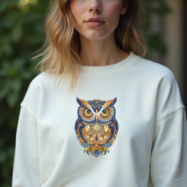May include: Cream-colored sweatshirt featuring a detailed owl design. The owl is depicted with intricate patterns in shades of blue, gold, and orange. The sweatshirt has a classic crew neck and long sleeves, suitable for casual wear.