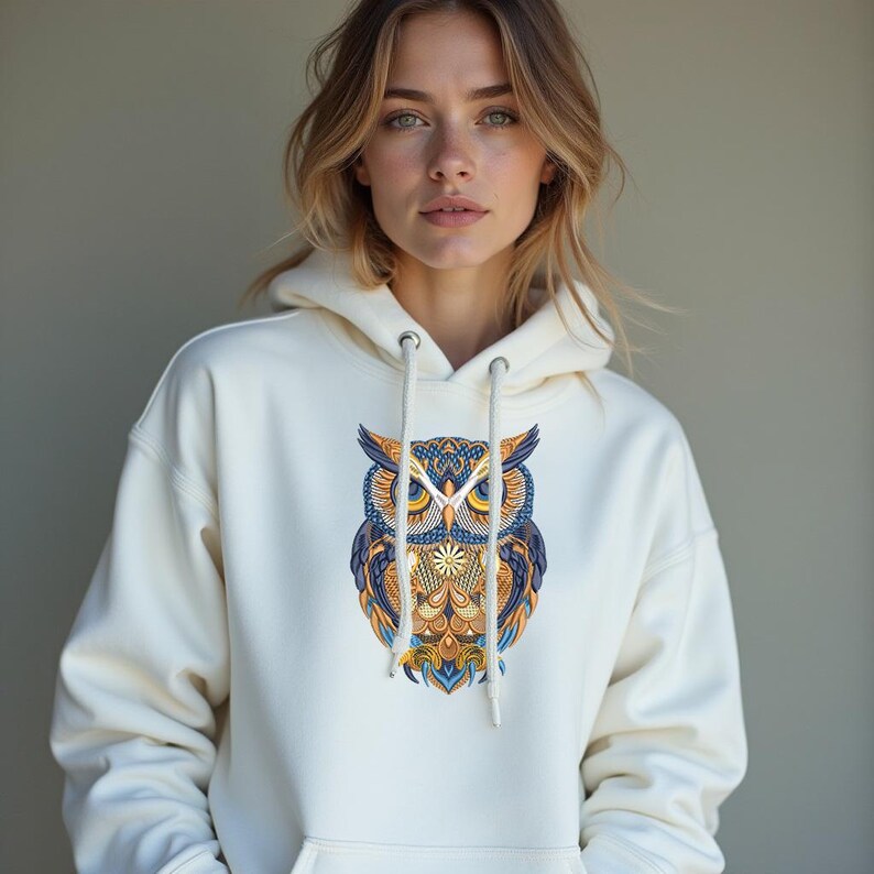 May include: Cream-colored hoodie featuring a detailed owl design on the front. The owl is rendered in shades of blue, orange, and yellow, with intricate patterns. The hoodie has a drawstring hood and a front pocket.