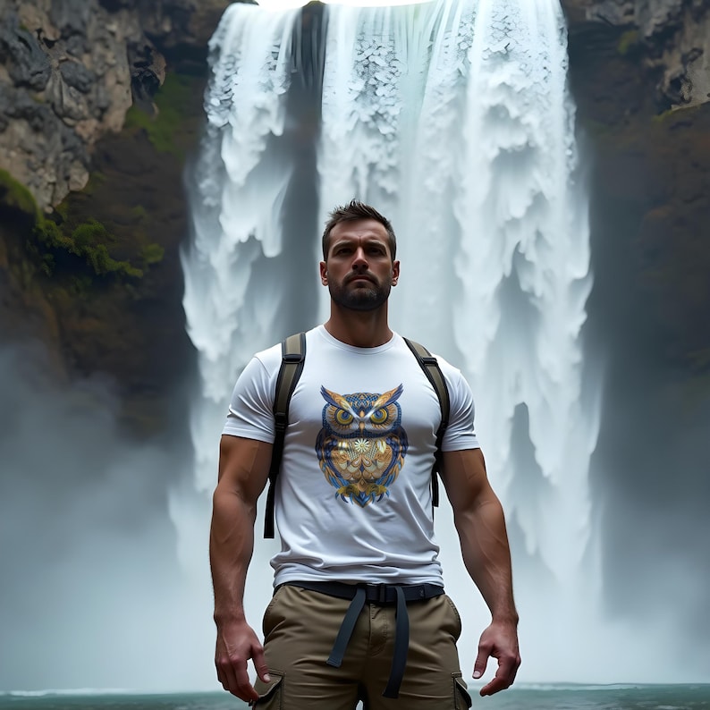 May include: A white t-shirt featuring a detailed owl graphic in shades of blue, gold, and brown. The person is wearing a backpack and khaki cargo pants. A large waterfall cascades in the background.