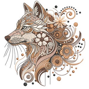 May include: An embroidered design of a wolf's head in profile, showcasing detailed patterns and floral motifs. The colour scheme features browns, beige, and cream, with black accents. The design has a textured appearance, suggesting an embroidered technique.