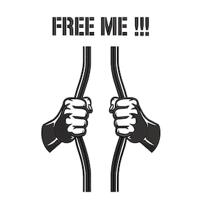 May include: An embroidery design featuring two black and white gloved hands gripping and pulling apart two vertical metal bars. Above the hands, the text FREE ME !!! is displayed in a bold, black, sans-serif font against a plain background.
