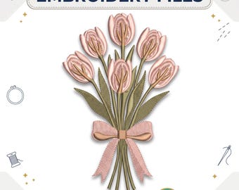 Pink Tulip Bouquet Embroidery Design, Spring Floral Machine Embroidery File, Tulip Flower Ribbon Pattern PES DST JEF, Instant Download