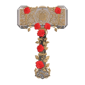 May include: A decorative hammer design with intricate gold filigree and red roses. The hammer head is silver with gold detailing. The handle is black, adorned with gold leaves and red roses.