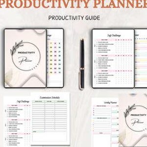 Könnte beinhalten: Ein Produktivitätsplaner mit einem rosa und weißen Cover mit einem Blattdesign und dem Text "Productivity Planner". Der Planer enthält Abschnitte für tägliche Aufgaben, wöchentliche Ziele und Monatskalender.
