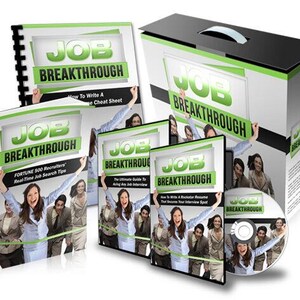 Könnte beinhalten: Ein Set aus vier Büchern und einer DVD mit dem Titel "Job Breakthrough" mit einem grün-weißen Cover, auf dem eine Gruppe lächelnder Menschen zu sehen ist, die ein Band halten. Die Bücher und die DVD bieten Tipps zum Schreiben eines Lebenslaufs, zum Bestehen eines Vorstellungsgesprächs und zur Jobsuche.