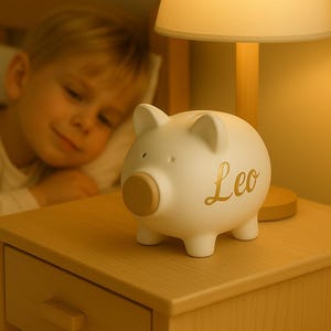 Matte White Ceramic Piggy Bank – Modern Minimalist Money Box for Kids & Adults, Handmade Coin Bank in 3 Sizes, Personalized Nursery Gift