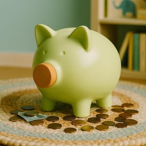 Puede incluir: Una alcancía verde con una nariz de corcho se encuentra sobre una alfombra tejida rodeada de monedas.