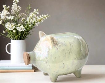 手作りの陶器製貯金箱：芸術的な緑色の釉薬、コルク栓付き