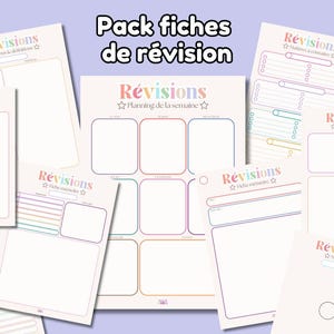 Peut inclure: Un ensemble de fiches de révision imprimables portant le texte "Pack fiches de révision" et "Révisions" en haut de chaque page. Les feuilles présentent diverses mises en page avec des bordures pastel, des sections vierges, des plannings et des listes.