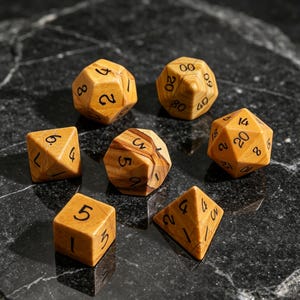May include: A set of seven polyhedral dice crafted from light brown wood with visible grain patterns and dark black engraved numbers. The collection includes various geometric shapes such as cubes, pyramids, and multi-faceted spheres for gaming.