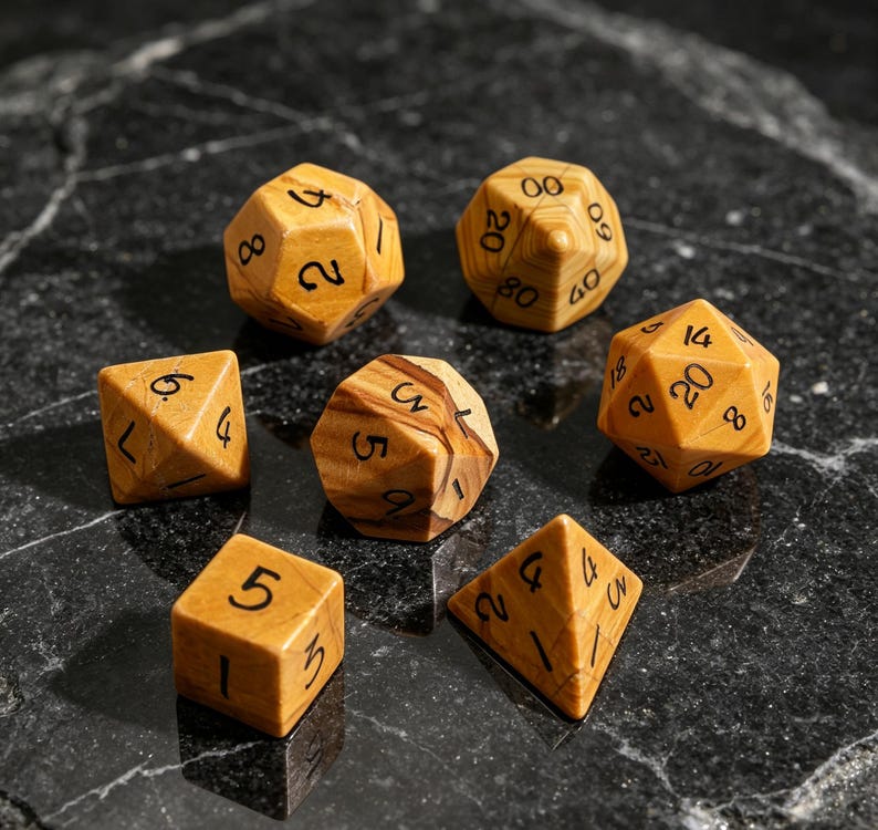 May include: A set of seven polyhedral dice crafted from light brown wood with visible grain patterns and dark black engraved numbers. The collection includes various geometric shapes such as cubes, pyramids, and multi-faceted spheres for gaming.