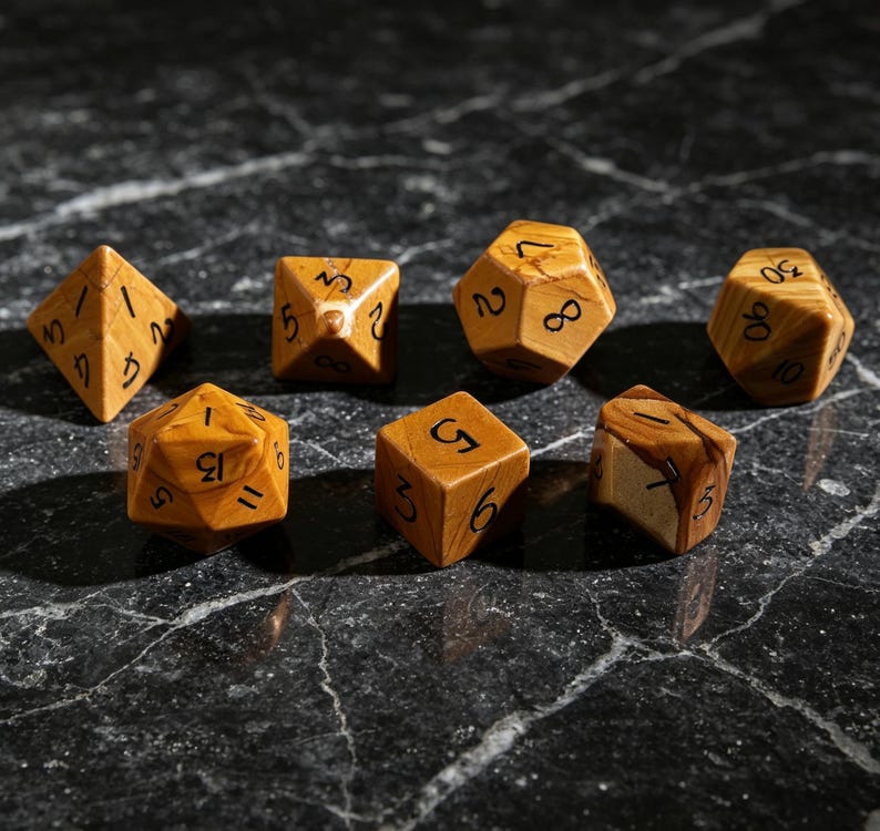 May include: A set of seven polyhedral dice crafted from light brown wood with visible grain patterns and dark brown engraved numbers. The collection includes a d4, d6, d8, d10, d12, d20, and a percentile die, all featuring sharp edges and geometric shapes.