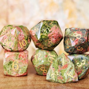 Natural Unakite Multifaceted Gemstone Dice Set: The Color Of Garden