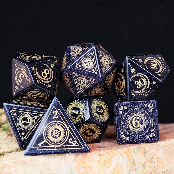 Celectial Moon& Star Blue Sandstone DND Dice Set: Polyhedral Gemstone