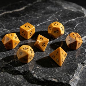 May include: A set of seven polyhedral dice crafted from light brown wood with visible grain patterns and black engraved numbers. The collection includes various geometric shapes such as a cube, a pyramid, and multi-faceted spheres used for gaming.