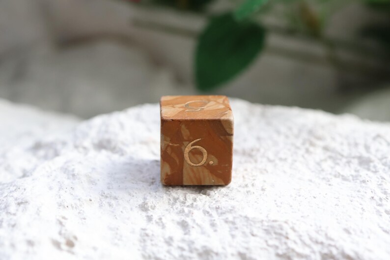 May include: A six-sided die featuring a marbled brown and tan pattern with the number six engraved in a light gold tone on the front face. The die has a smooth, cubic shape with rounded edges and a distinct, swirling color variation throughout.