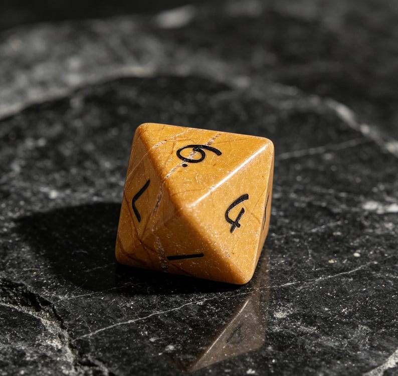 May include: An eight-sided die crafted from tan-colored stone with a natural veined texture. The die features black engraved numbers, including a clearly visible six and four, with sharp geometric edges and a polished, smooth surface finish.