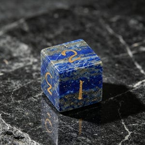 Op de afbeelding: Een zeszijdige dobbelsteen gemaakt van diepblauwe lapis lazuli steen met zichtbare goudkleurige pyrietinsluitingen. De zijden van de dobbelsteen zijn voorzien van gegraveerde cijfers gevuld met goudkleurig pigment, duidelijk de cijfers &eacute;&eacute;n, twee en drie.