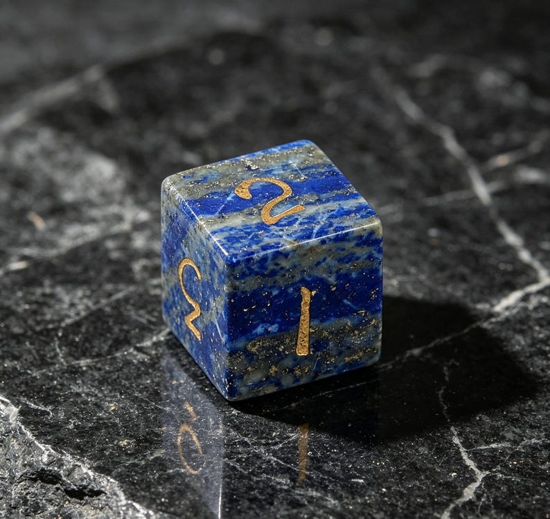 Op de afbeelding: Een zeszijdige dobbelsteen gemaakt van diepblauwe lapis lazuli steen met zichtbare goudkleurige pyrietinsluitingen. De zijden van de dobbelsteen zijn voorzien van gegraveerde cijfers gevuld met goudkleurig pigment, duidelijk de cijfers &eacute;&eacute;n, twee en drie.