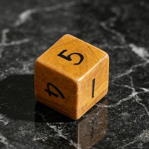 May include: A six-sided die crafted from a smooth, tan-colored stone with a subtle mottled texture. The die features black, hand-painted numerals on its faces, with the number five clearly visible on the top surface and the number four on the side.