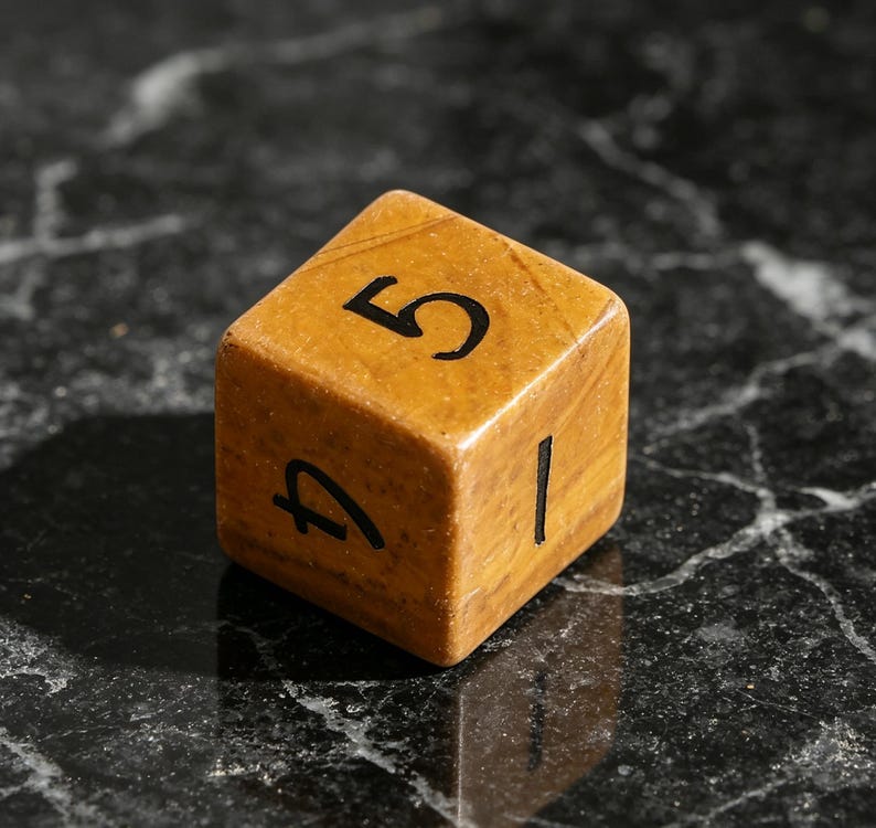 May include: A six-sided die crafted from a smooth, tan-colored stone with a subtle mottled texture. The die features black, hand-painted numerals on its faces, with the number five clearly visible on the top surface and the number four on the side.