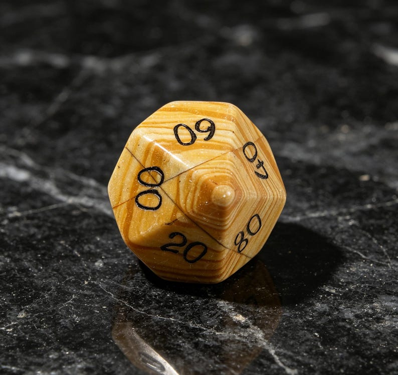 May include: A ten-sided die featuring a light brown and tan wood grain pattern with black engraved numbers. The visible faces display the numbers 09, 07, 80, 20, and 00. The die has a pointed top and a smooth, polished finish throughout.