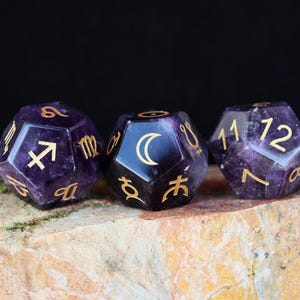 Natural Amethyst Zodiac Dice Set: Polydedral DND Dice