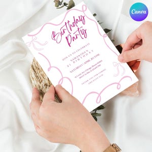 21st Birthday Invitation Template, Editable Pink Bow Girly Coquette, DIY Party Invite First Birthday Celebration