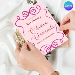 Bow 1st Birthday Invitation Template, Editable Pink Girly Bow Party Invite for First Birthday Celebration