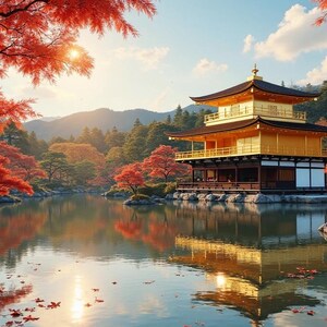 以下が含まれることがあります： 穏やかな風景。 金色の日本の寺院が静かな湖に映っています。 鮮やかな赤い紅葉に囲まれ、木々の間から太陽が差し込んでいます。 多層構造の寺院は緑豊かな緑に囲まれています。