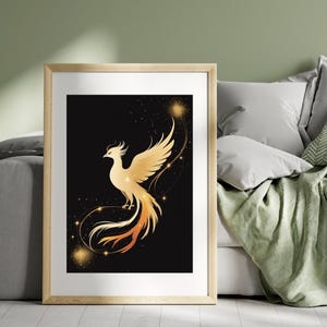 Set of 4 Gold Phoenix Printable Wall Art – Minimalist Black & Gold Bird Posters | Mythical Digital Art Gift