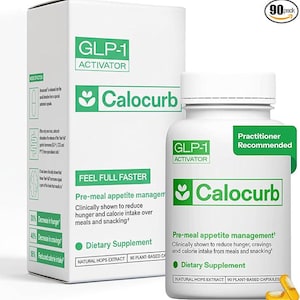 May include: A white bottle and box of Calocurb dietary supplement. The bottle and box have green text and logos. The box states the supplement is a GLP-1 activator and helps with pre-meal appetite management. The bottle is labeled "Practitioner Recommended".