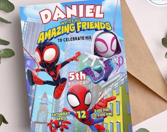 Editable birthday invitation with watercolor Spidey and his amazing friends | Superhero themed birthday invitation template Canva