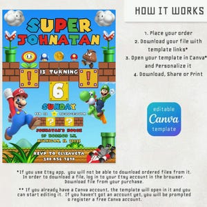 May include: A colorful birthday invitation featuring a Super Mario Bros. theme. The design includes the text "Super Johnatan" and "Is Turning 6". The invitation also includes the date, time, and location of the party, along with RSVP information.