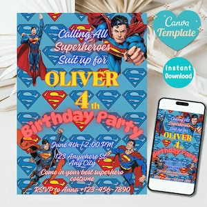 Modelo de convite de aniversário de super-herói no Canva | Convite editável em estilo quadrinhos para festa infantil | Convite para meninos para impressão instantânea
