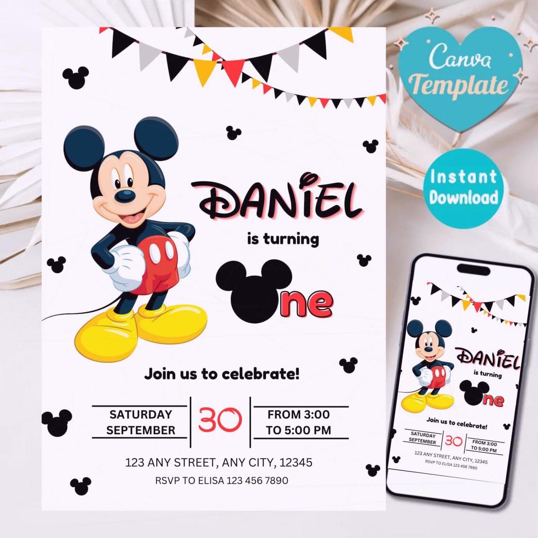 Oh Twodles Birthday Invitation, Mickey Mouse, Editable Canva Template
