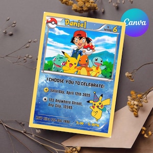 May include: A yellow invitation card featuring a cartoon illustration of a boy and several animated characters. The card reads "I CHOOSE YOU TO CELEBRATE!" and includes party details. The Canva logo is visible in the upper right corner.