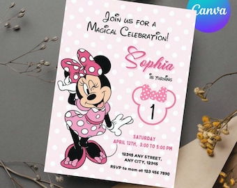 Invitación digital editable del primer cumpleaños de Minnie. Invitación del primer cumpleaños de Minnie. Invitación linda del ratón. Invitación de Minnie para niña.