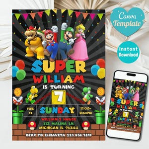 Invitation de Mario Bros, invitation d'anniversaire garçon, invitation de film Super mario, téléchargement immédiat, modèle d'invitation d'anniversaire de jeu vidéo