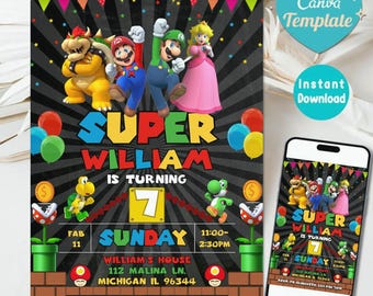 Sjabloon Super Mario-verjaardagsuitnodiging, bewerkbare feestuitnodiging (digitale download)