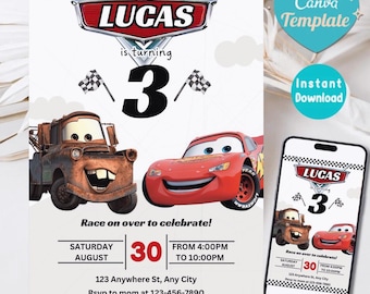 Cars Birthday Invitation, Lightning McQueen, Editable Canva Template (Digital Invitation)