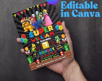 Super Mario-Geburtstagseinladung, bearbeitbare Videospielparty (Digitaler Download)